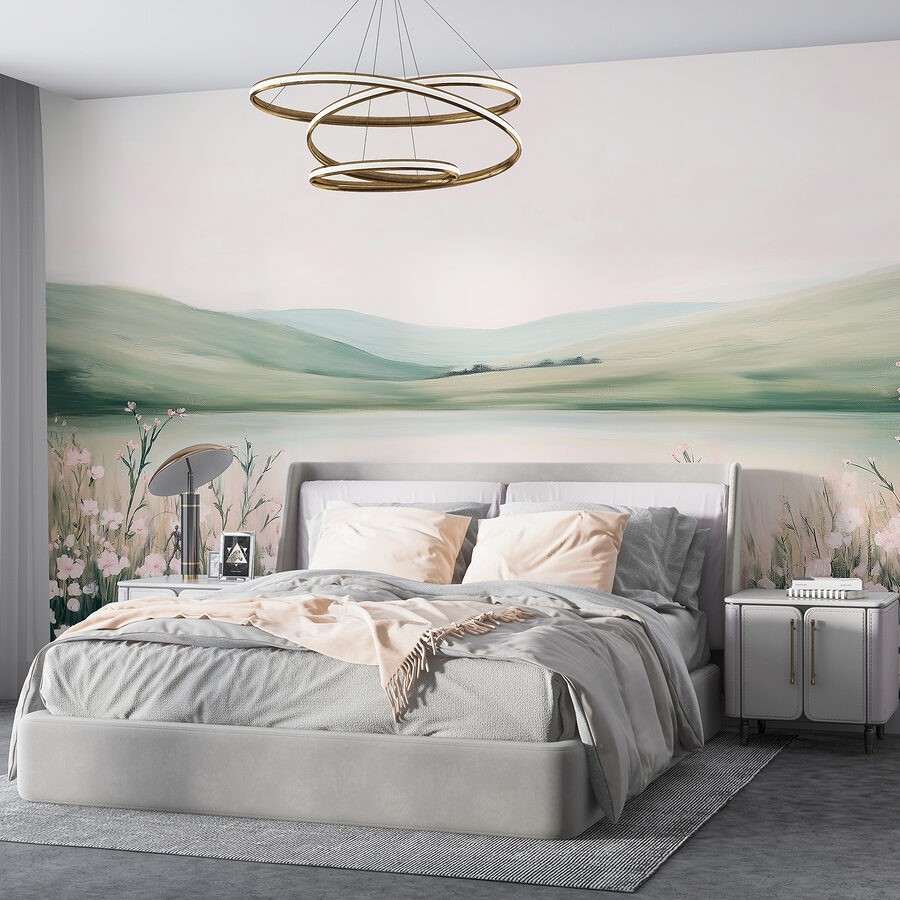 Pintura de un lago con flores