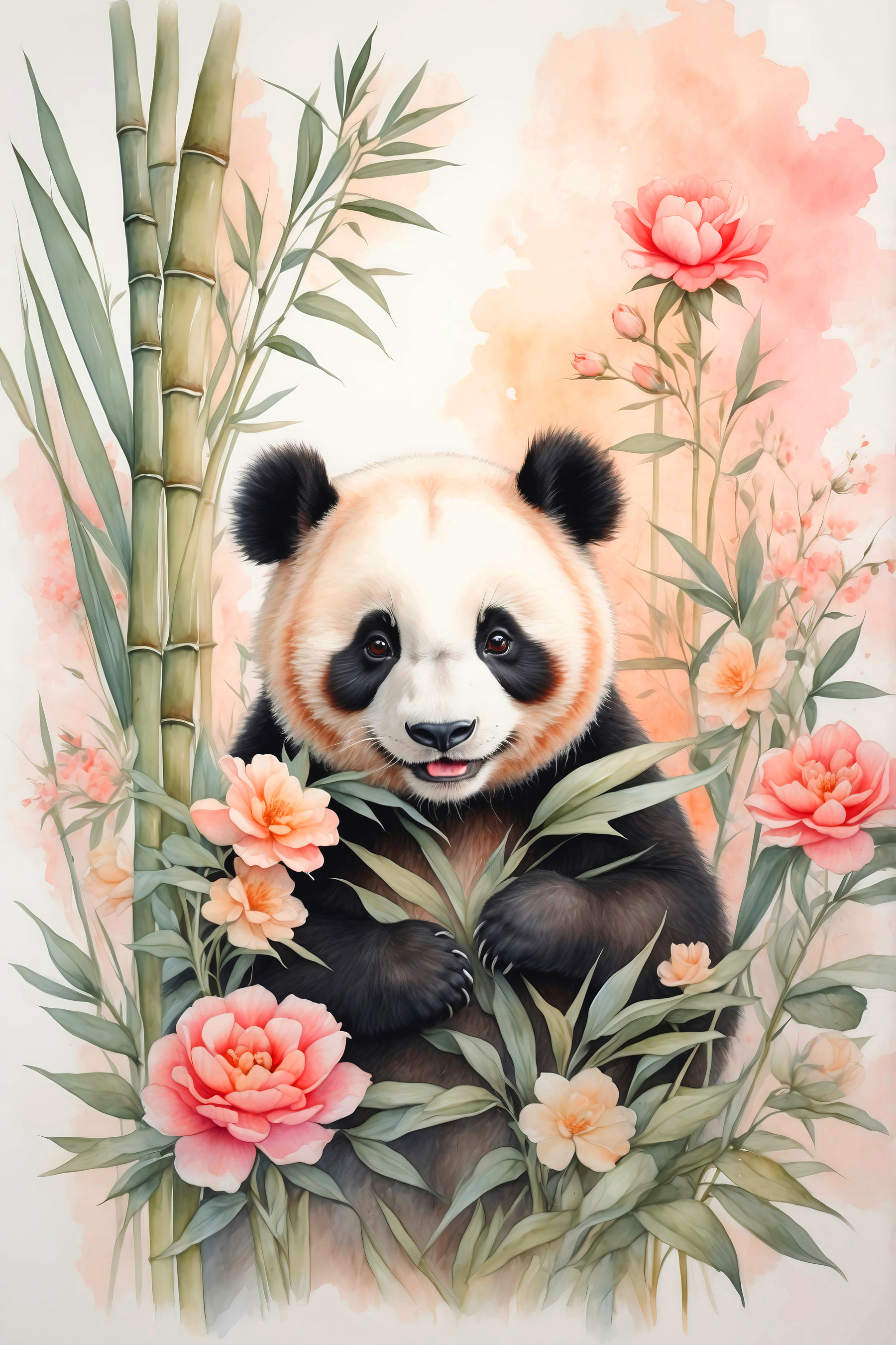 Panda bear with flowers and bamboo Panda bear with flowers and bamboo
