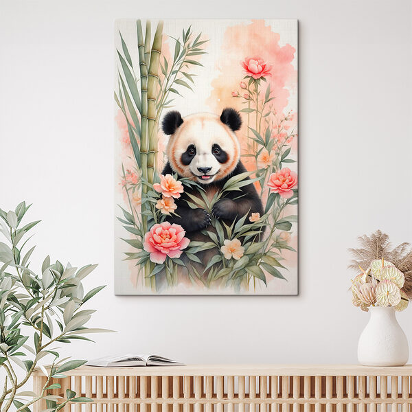 Cuadros Un oso panda con flores y bambú