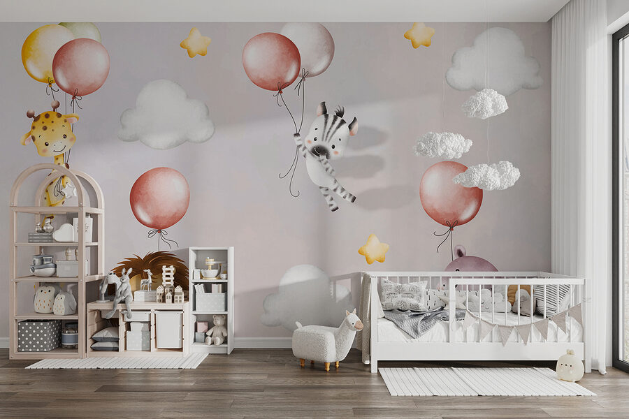 Papel pintado con animales y globos