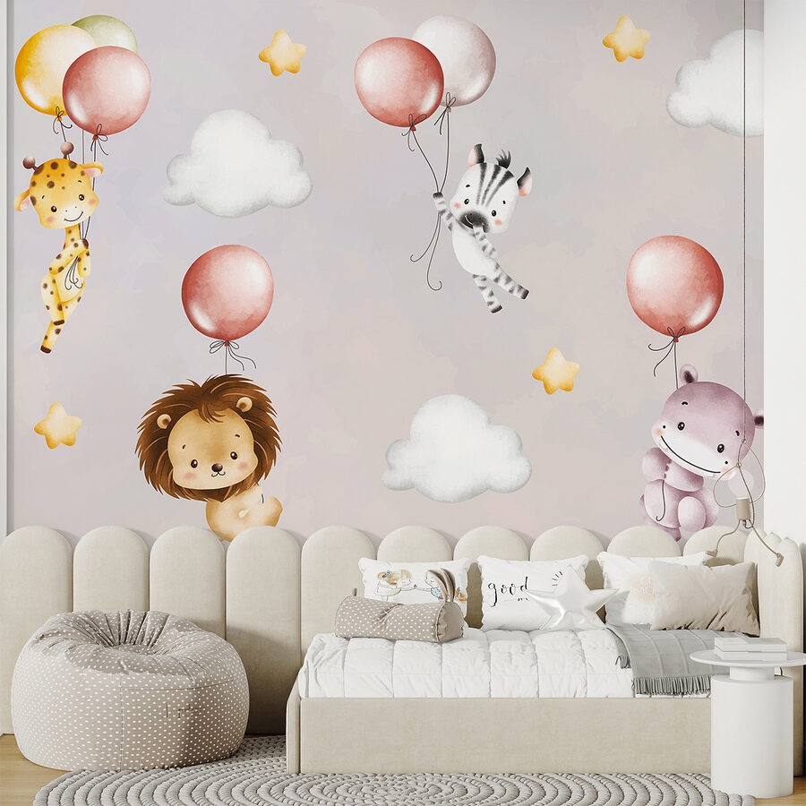 Papel pintado con animales y globos