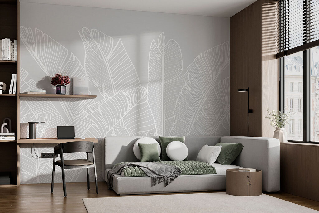 White line drawing of leaves