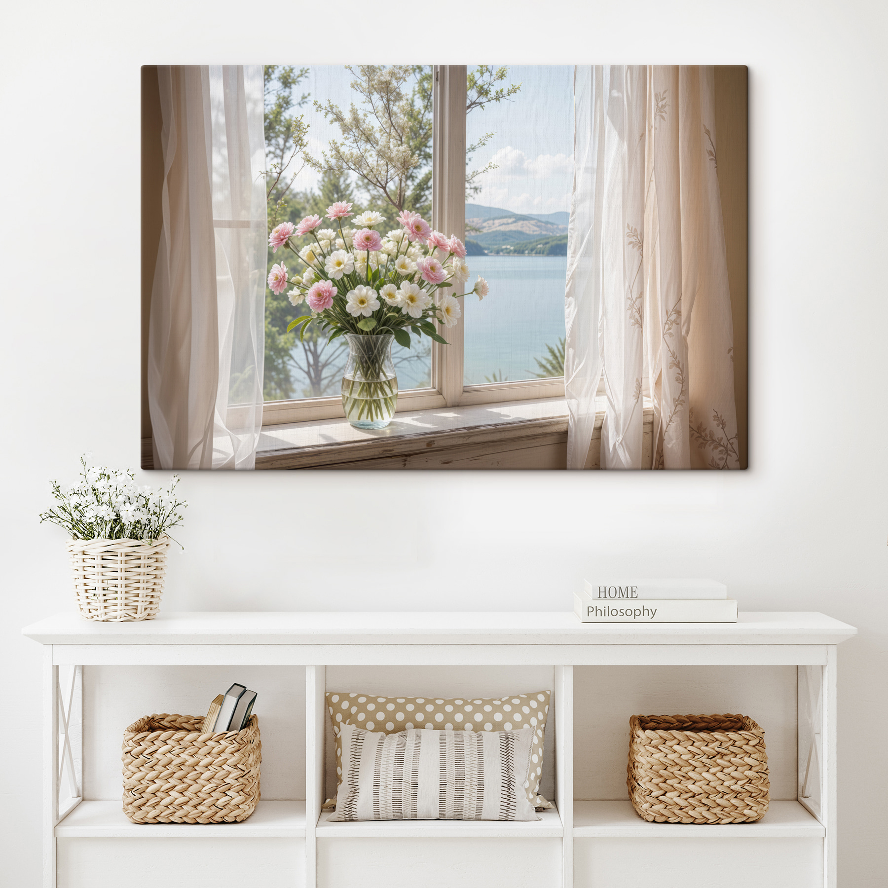 Vase of flowers in front of a window