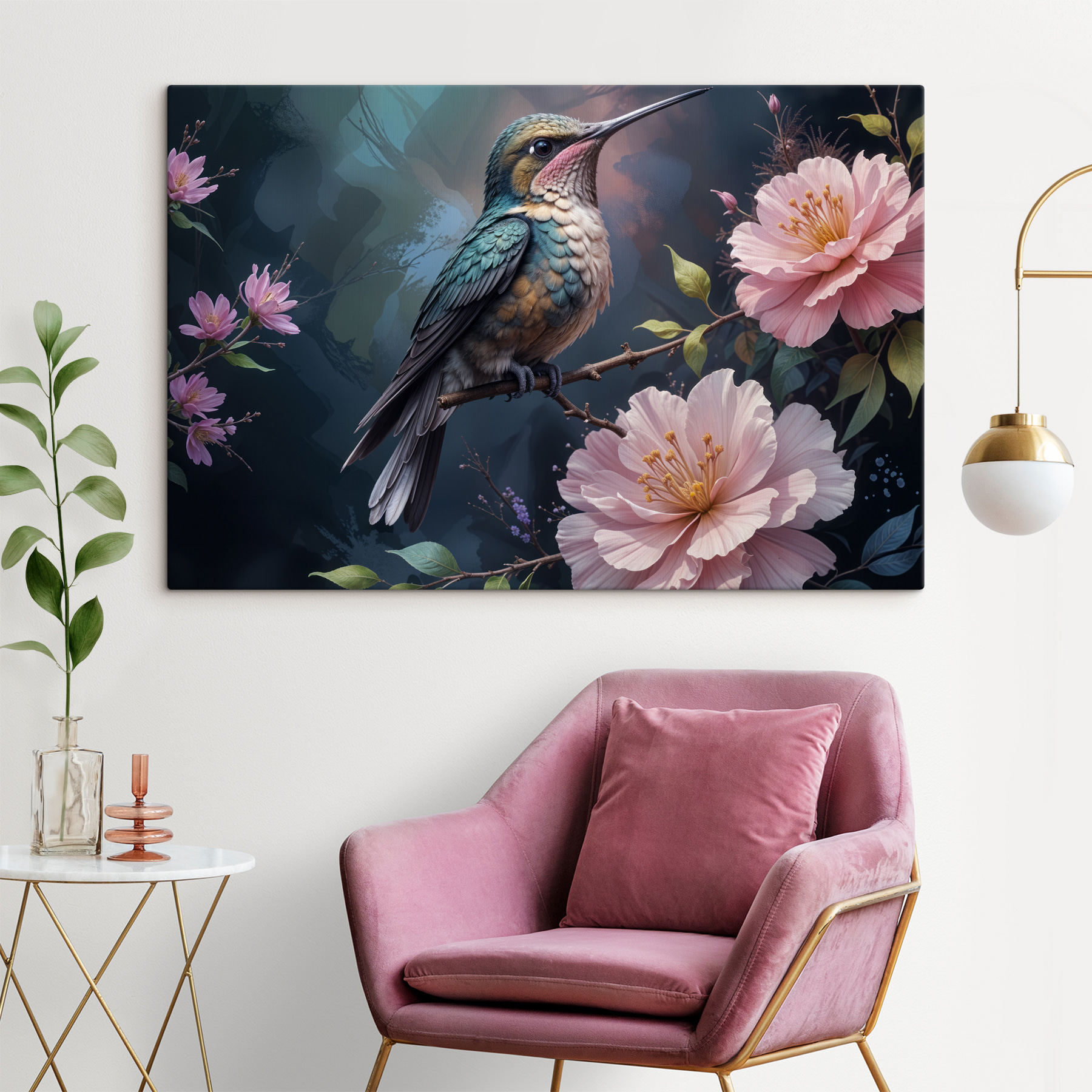 Bird sitting on a branch with flowers Bird sitting on a branch with flowers
