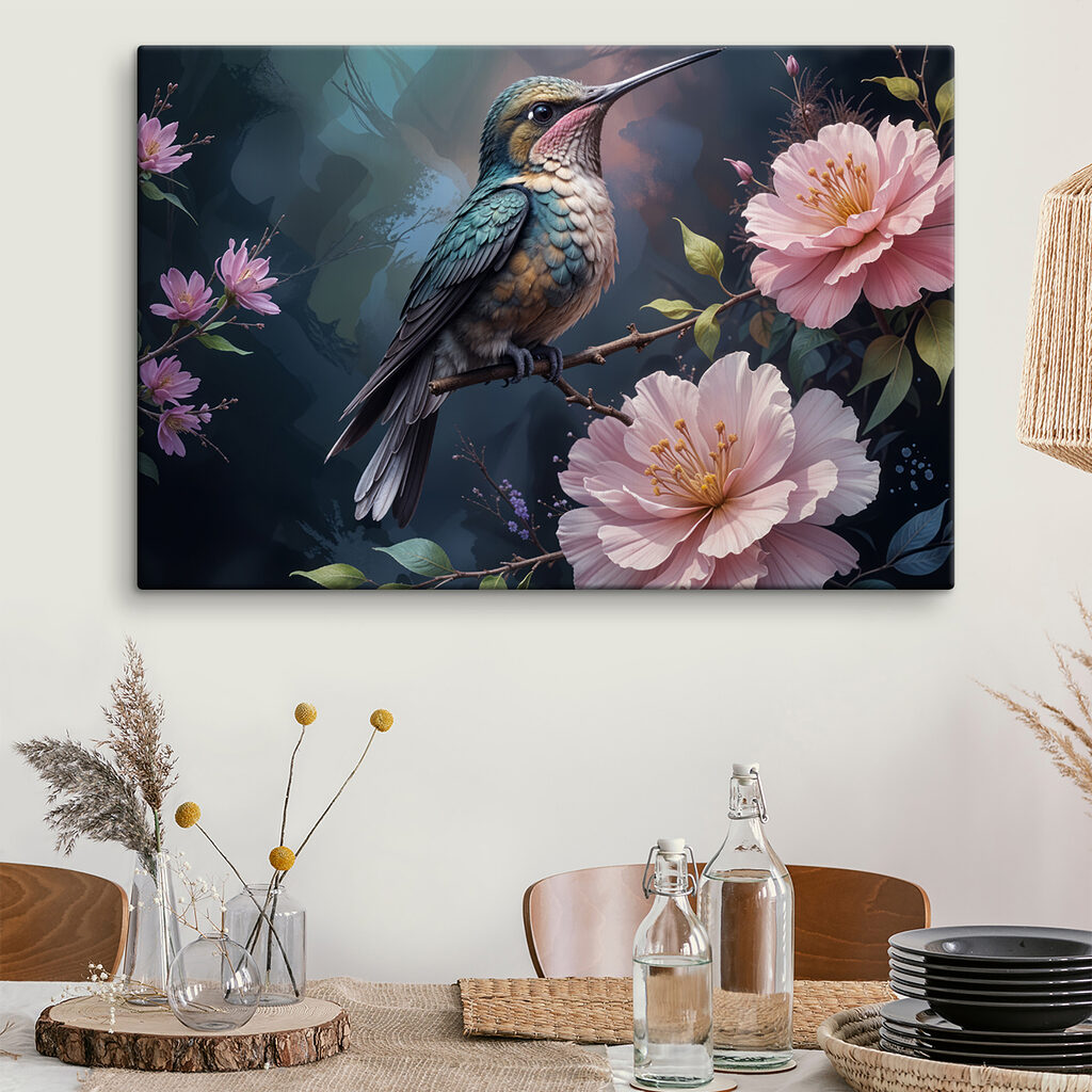Bird sitting on a branch with flowers Bird sitting on a branch with flowers