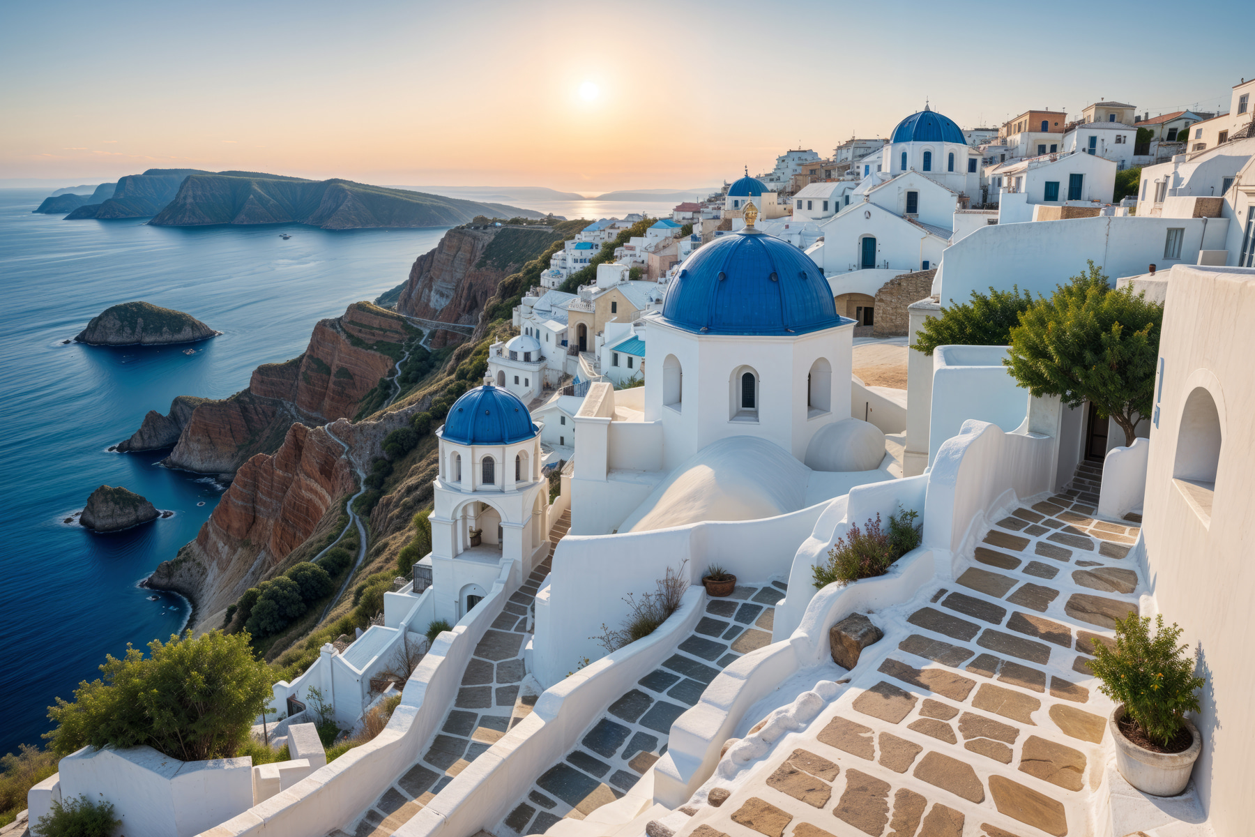 White buildings with blue domes on a hill with a body of water in the background White buildings with blue domes on a hill with a body of water in the background