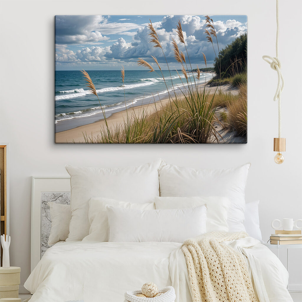 Beach with tall grass and water