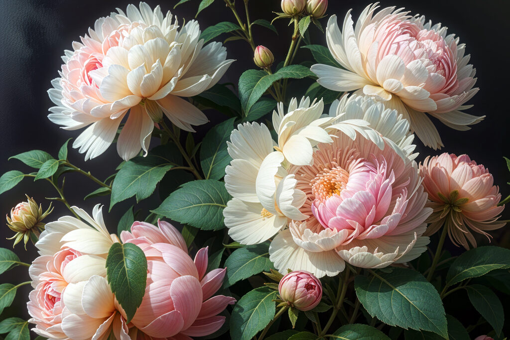 Group of flowers with green leaves
