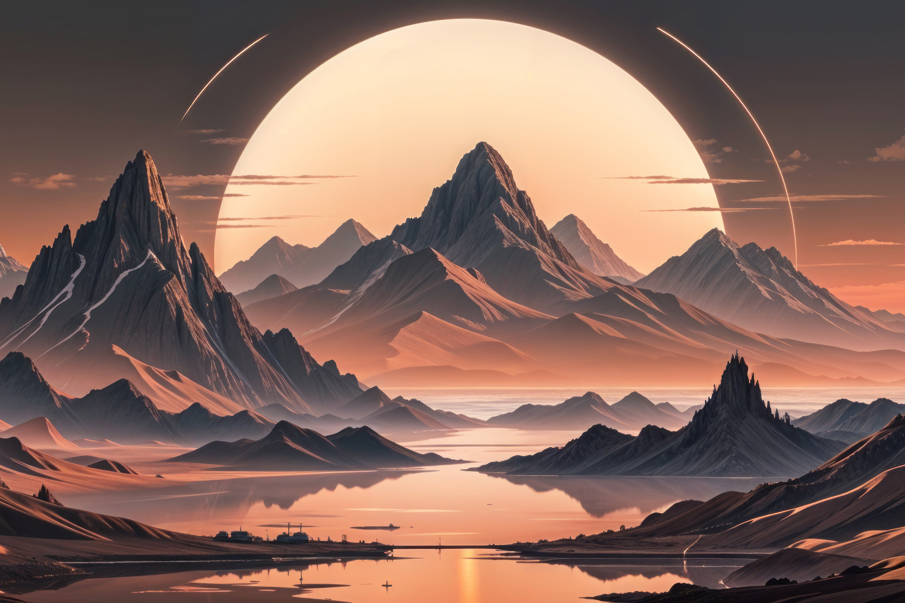 Landscape of mountains and water with a large moon Landscape of mountains and water with a large moon