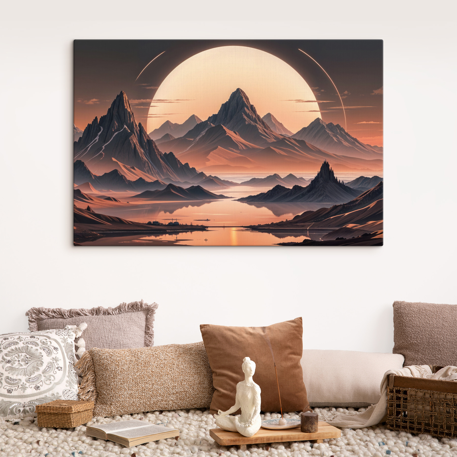 Landscape of mountains and water with a large moon Landscape of mountains and water with a large moon