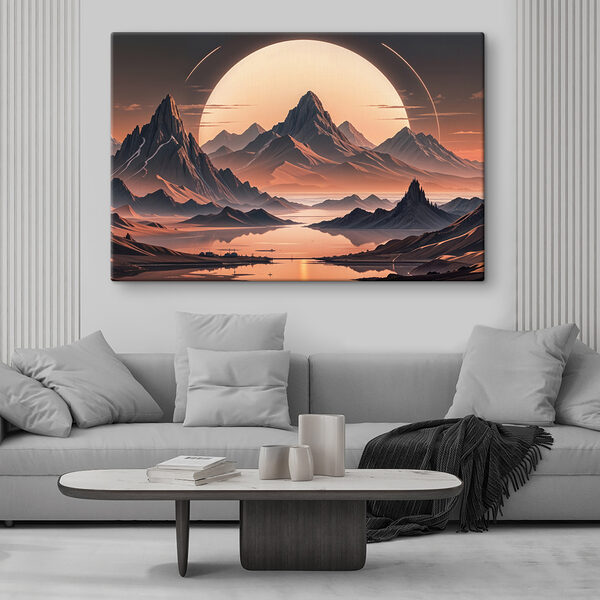 Landscape of mountains and water with a large moon Landscape of mountains and water with a large moon