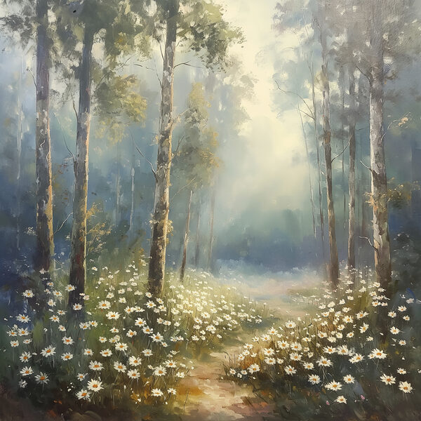 Painting of a forest with flowers and trees Painting of a forest with flowers and trees