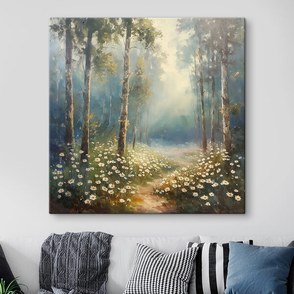 Painting of a forest with flowers and trees Painting of a forest with flowers and trees