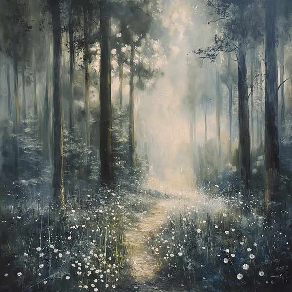 Painting of a forest with trees and flowers Painting of a forest with trees and flowers