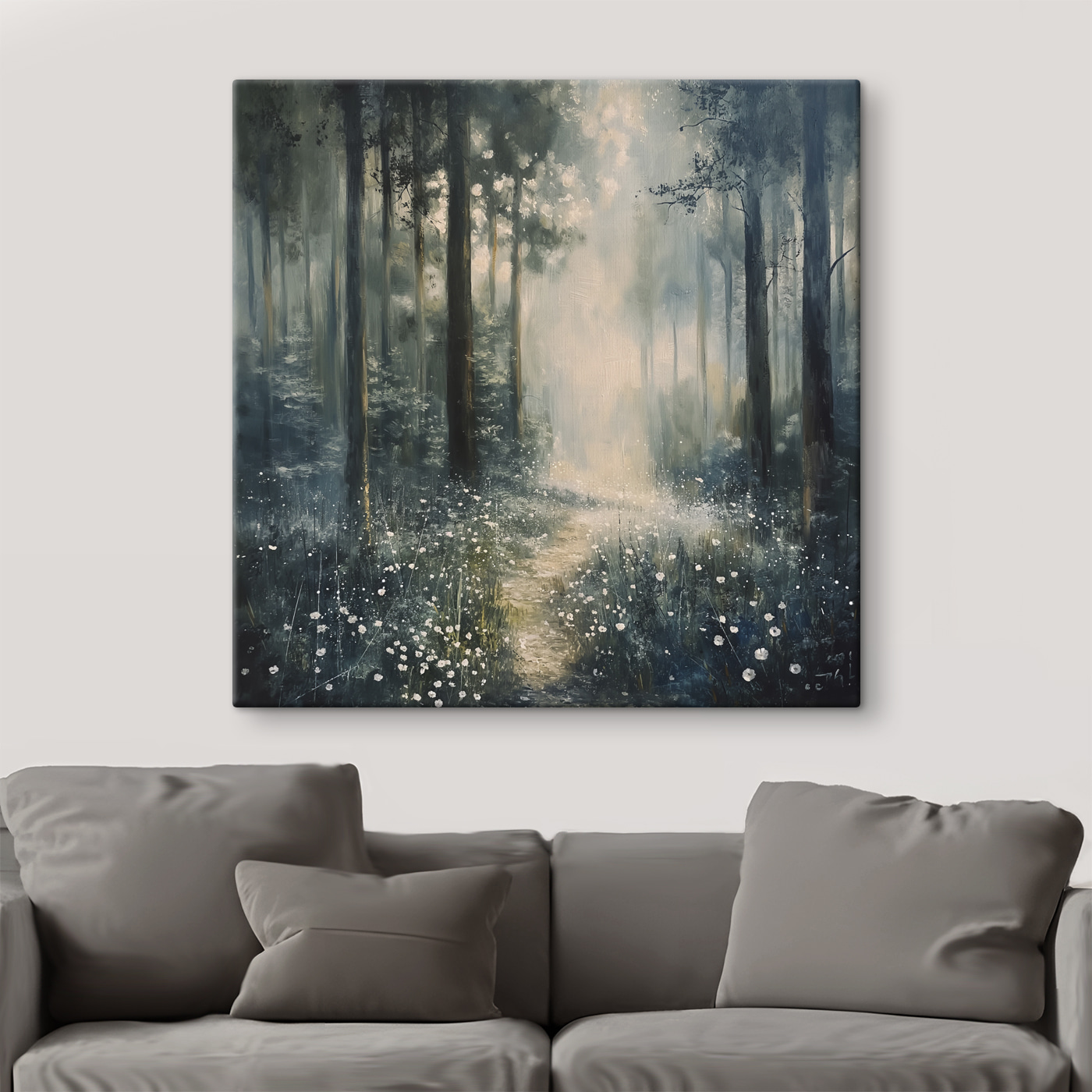 Painting of a forest with trees and flowers Painting of a forest with trees and flowers