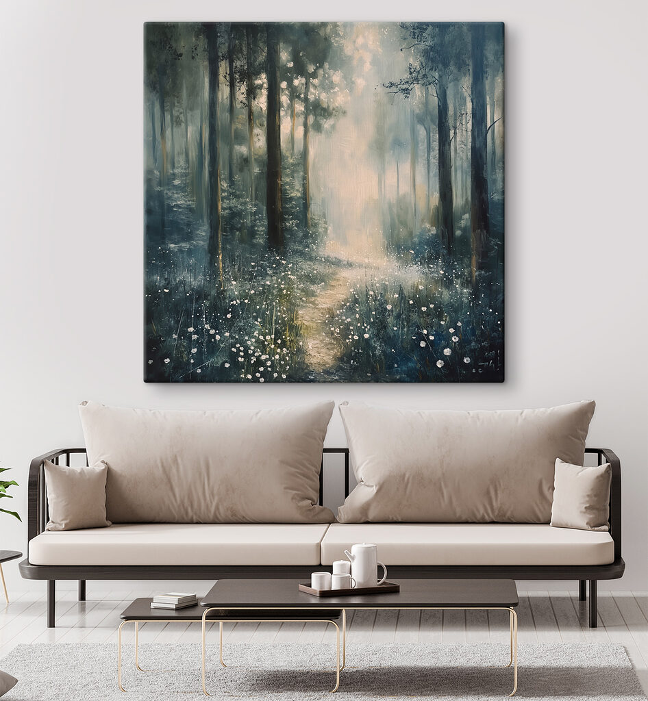 Painting of a forest with trees and flowers Painting of a forest with trees and flowers