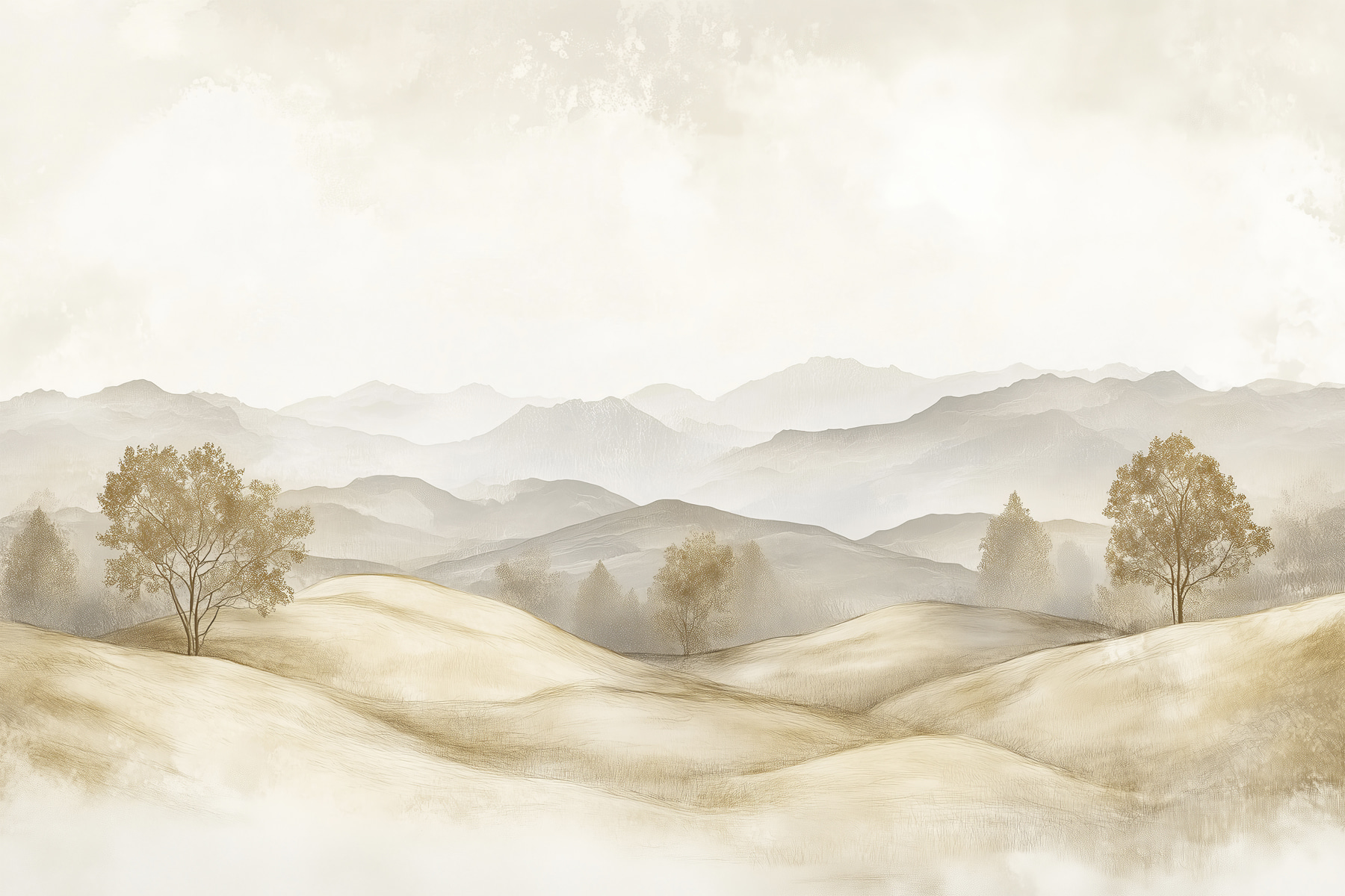 Landscape of hills with trees and mountains in the background Landscape of hills with trees and mountains in the background