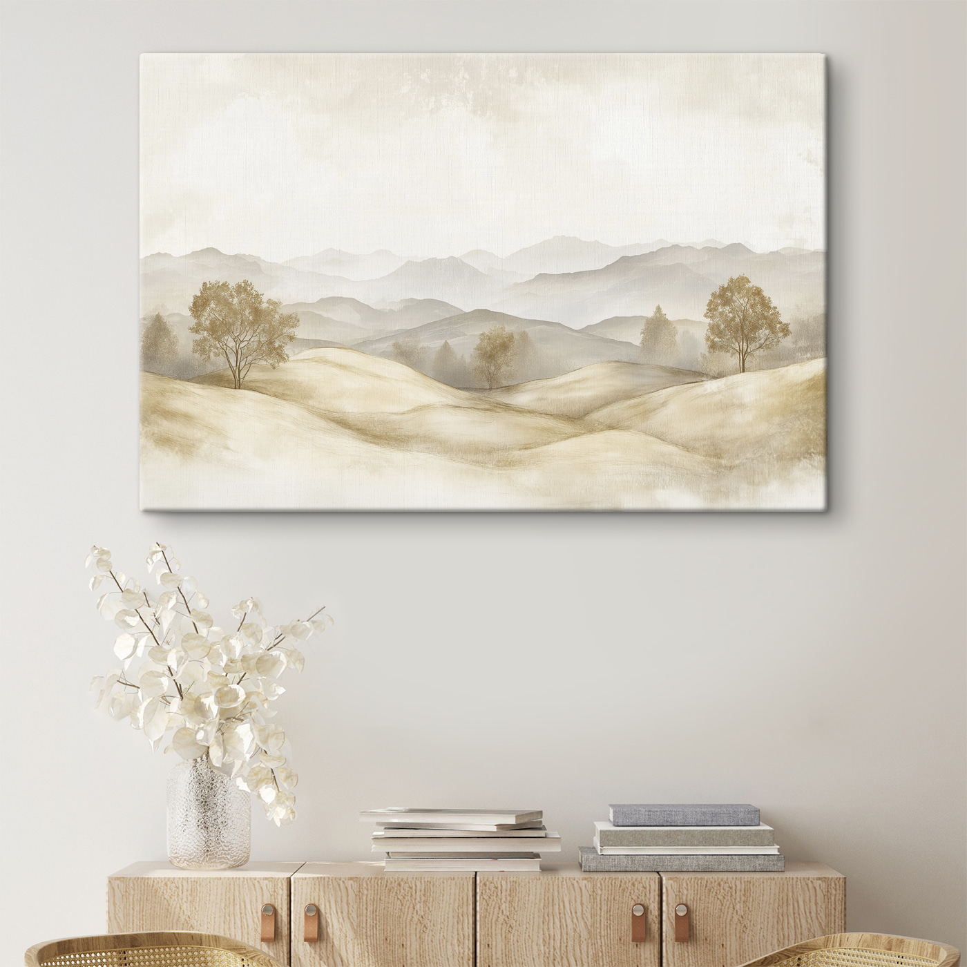 Landscape of hills with trees and mountains in the background Landscape of hills with trees and mountains in the background