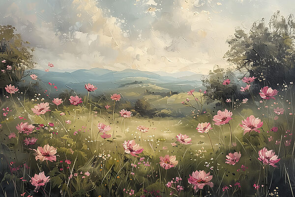 Painting of a field of pink flowers