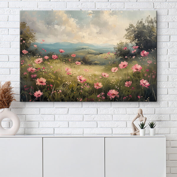 Painting of a field of pink flowers