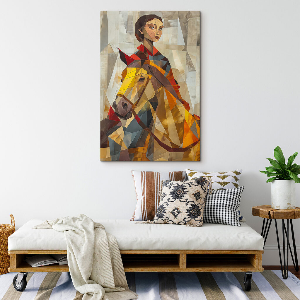 Painting of a woman riding a horse