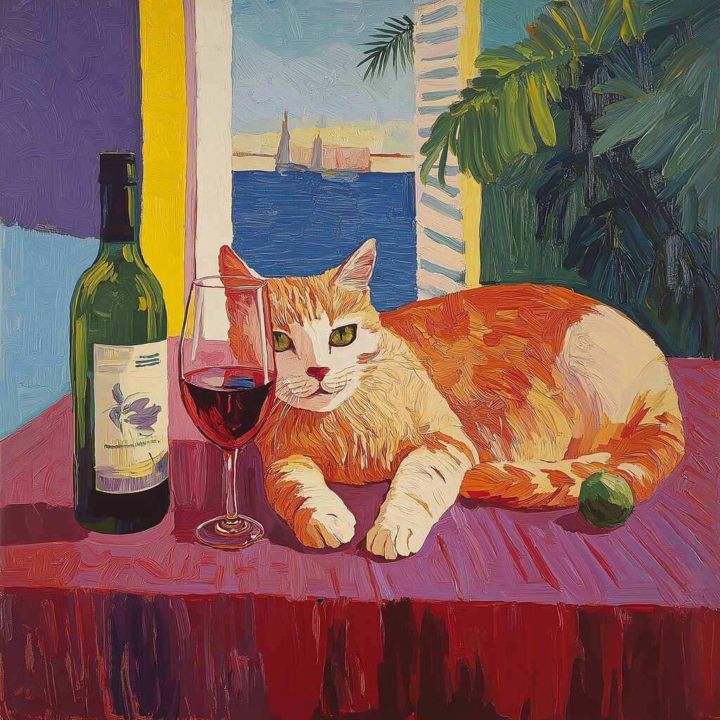 Cat lying on a table next to a wine bottle