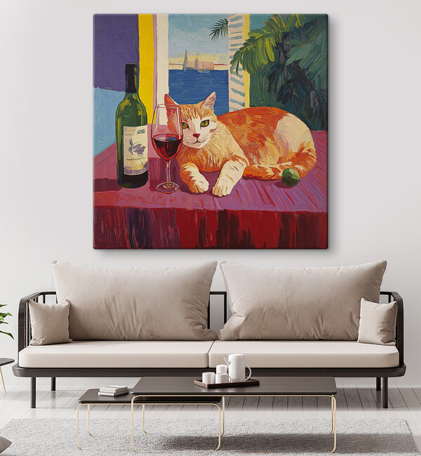 Cat lying on a table next to a wine bottle