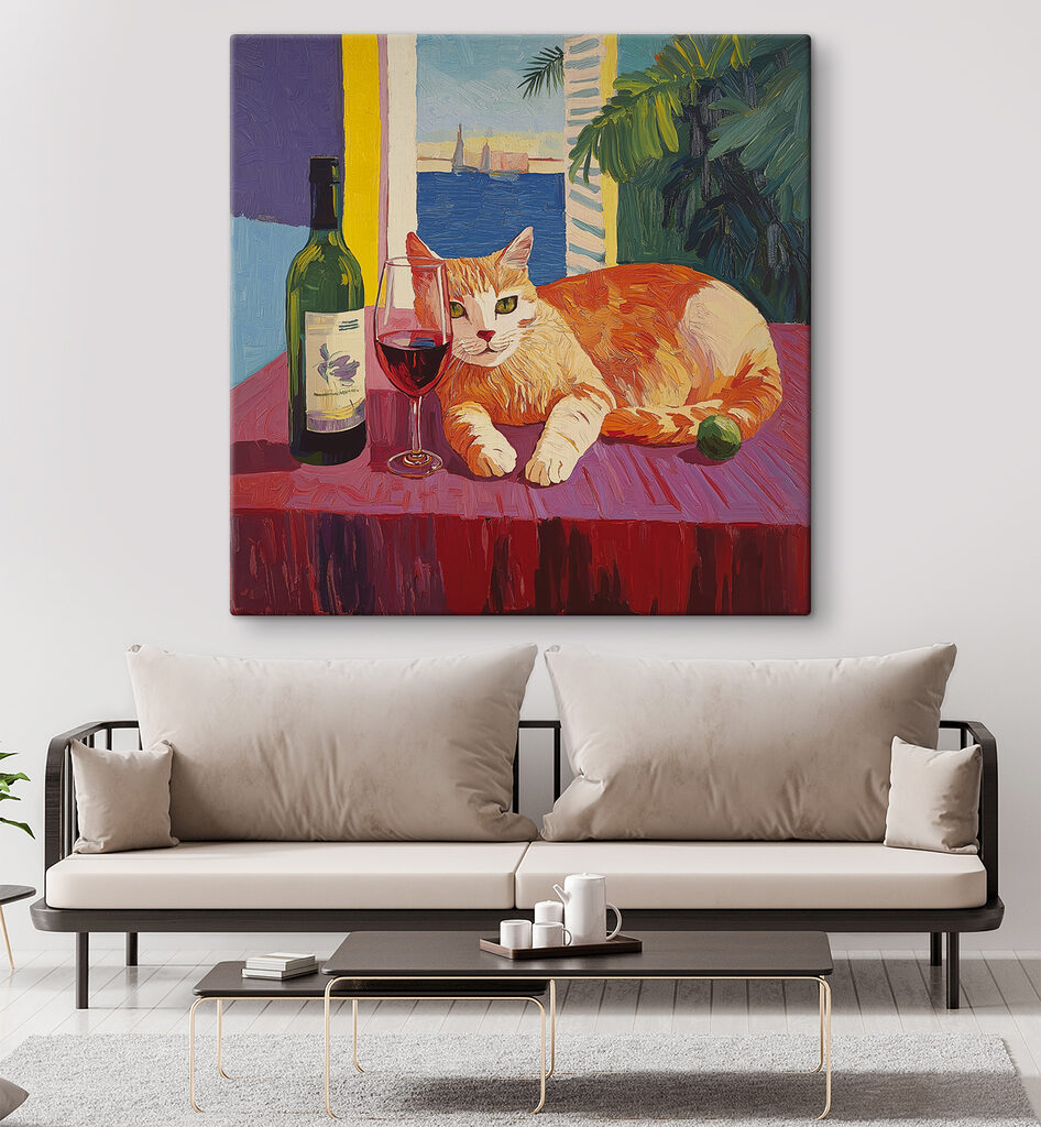 Cat lying on a table next to a wine bottle