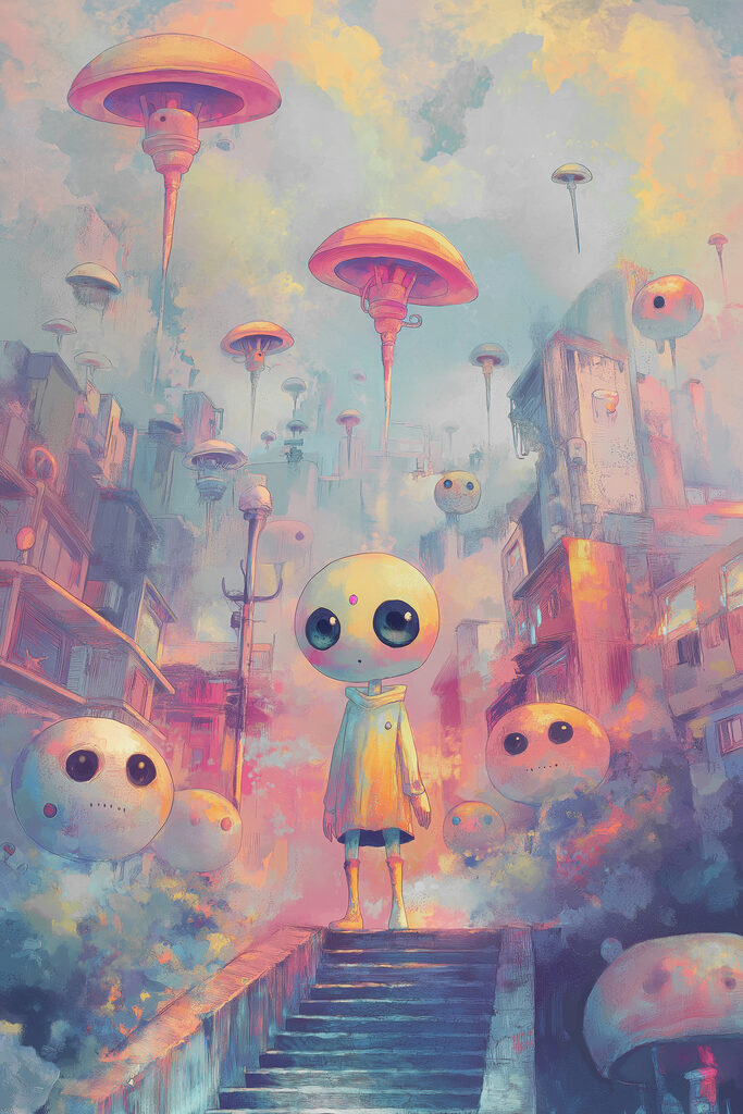 Cartoon character standing in a city with many round objects Cartoon character standing in a city with many round objects