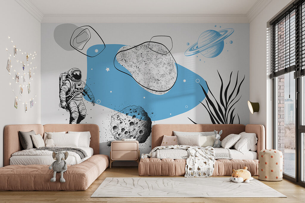 Drawing of an astronaut running in space