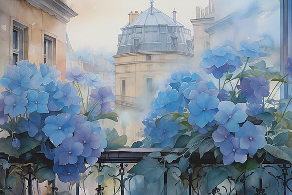 Pintura de flores azules en un balcón Pintura de flores azules en un balcón