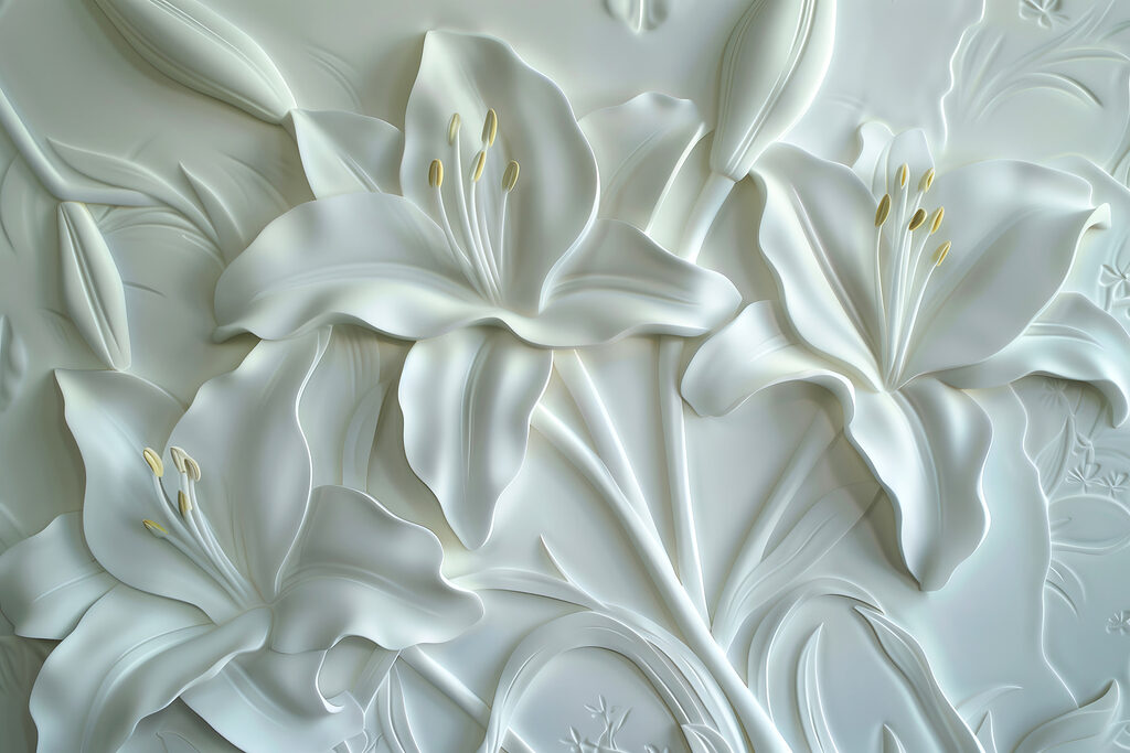 Tallado de flores blancas en una pared Tallado de flores blancas en una pared