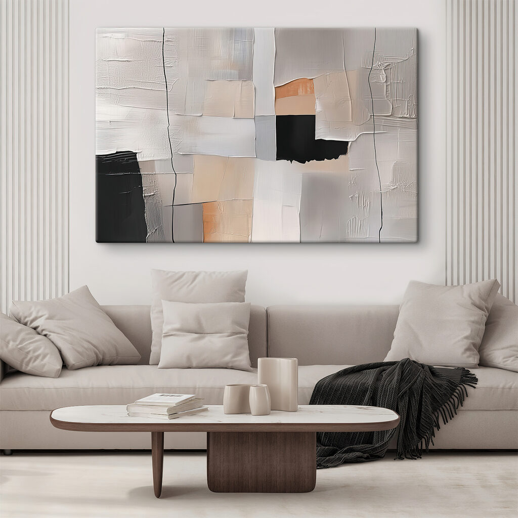 Painting of a white wall with black squares and a black square Painting of a white wall with black squares and a black square
