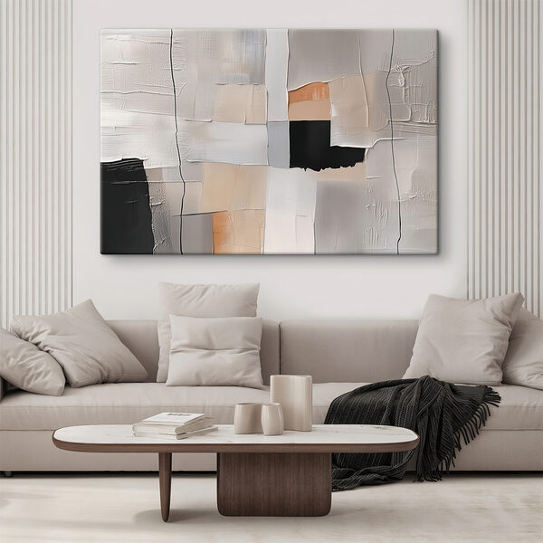Painting of a white wall with black squares and a black square Painting of a white wall with black squares and a black square