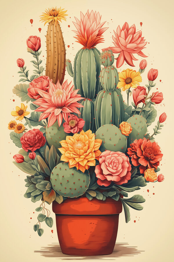 Cactus and flowers in a pot