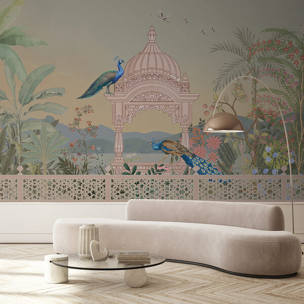 Mural de un edificio con tejado y pájaros Mural de un edificio con tejado y pájaros