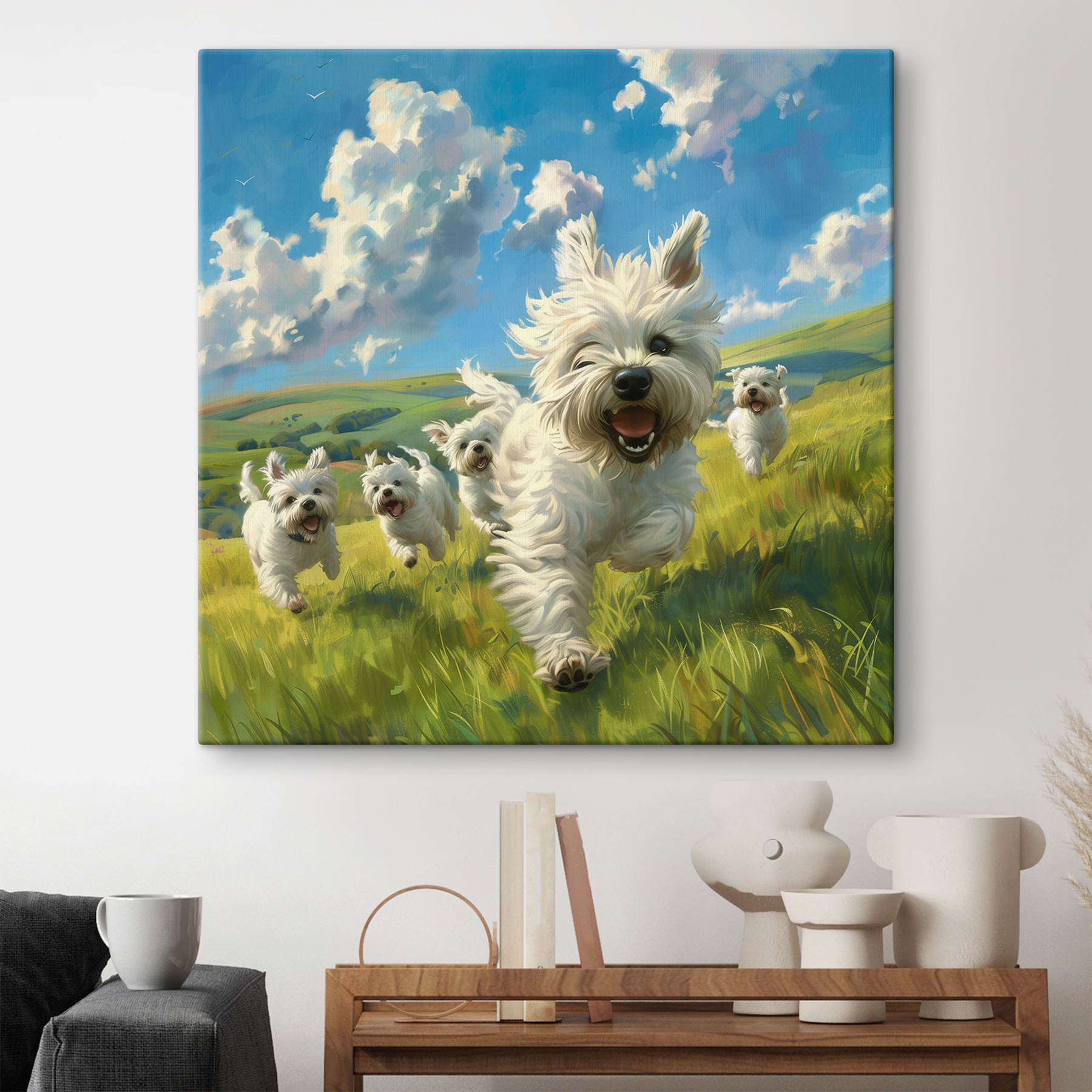 Group of white dogs running in a field Group of white dogs running in a field