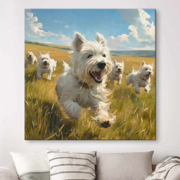 Cuadros Cuadros Un grupo de perros blancos corriendo por un campo (SKU: s40358)
