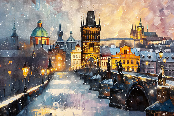 Bridge over a river with buildings and snow Bridge over a river with buildings and snow