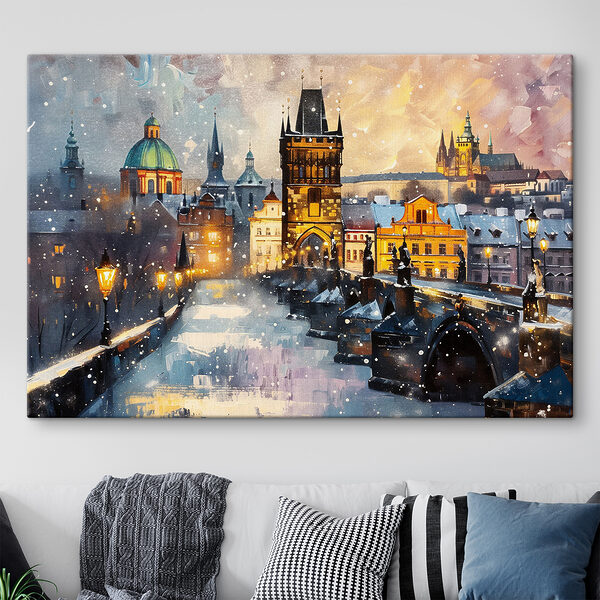 Bridge over a river with buildings and snow Bridge over a river with buildings and snow