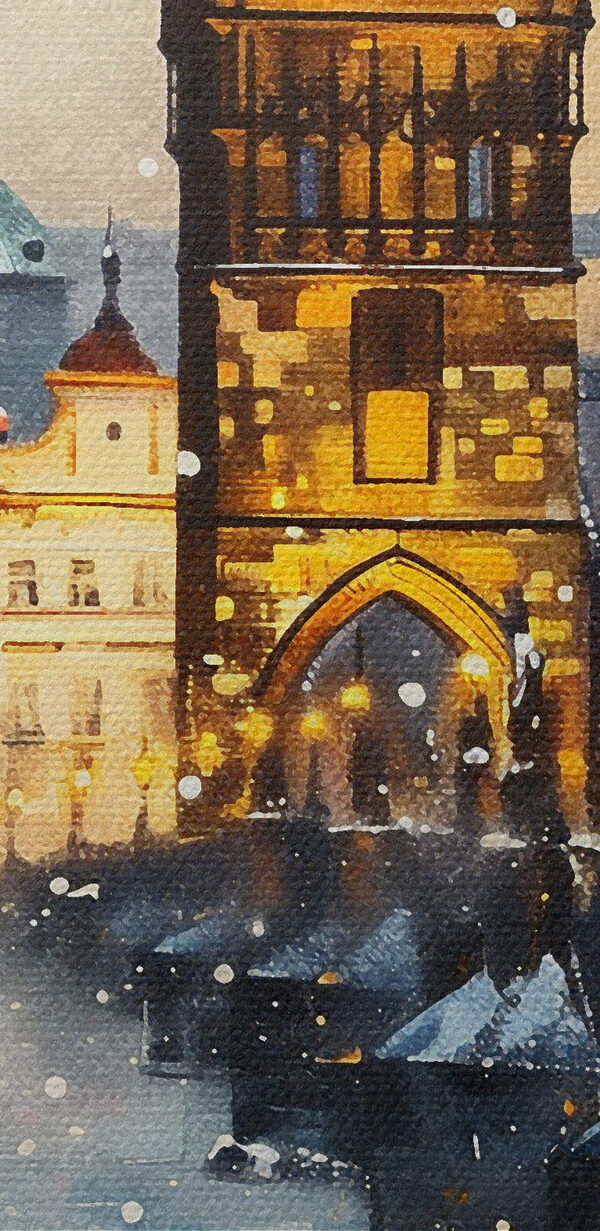 Bridge over a river with buildings and snow Bridge over a river with buildings and snow