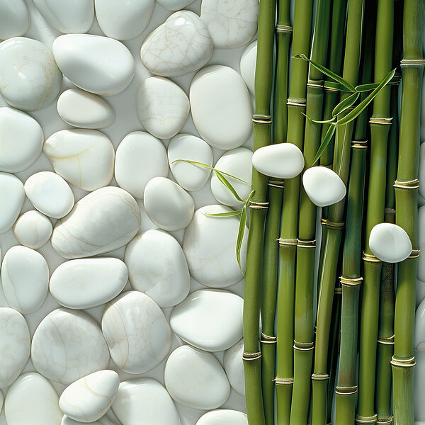 Group of green bamboo stems and white rocks Group of green bamboo stems and white rocks