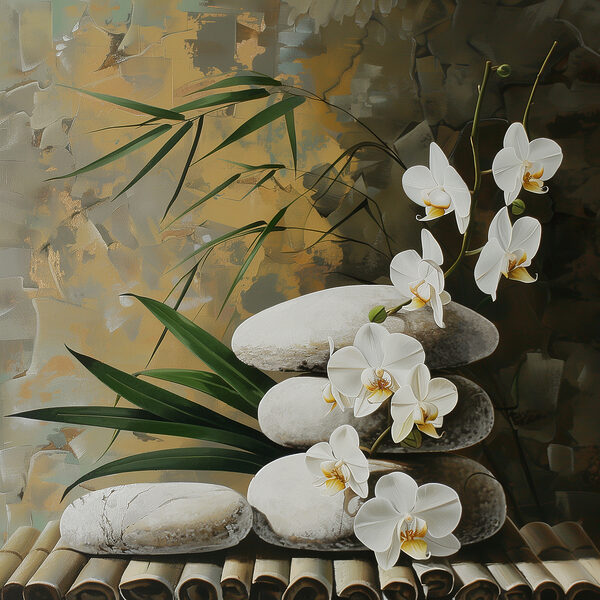 Painting of white flowers and green leaves on a bamboo surface Painting of white flowers and green leaves on a bamboo surface