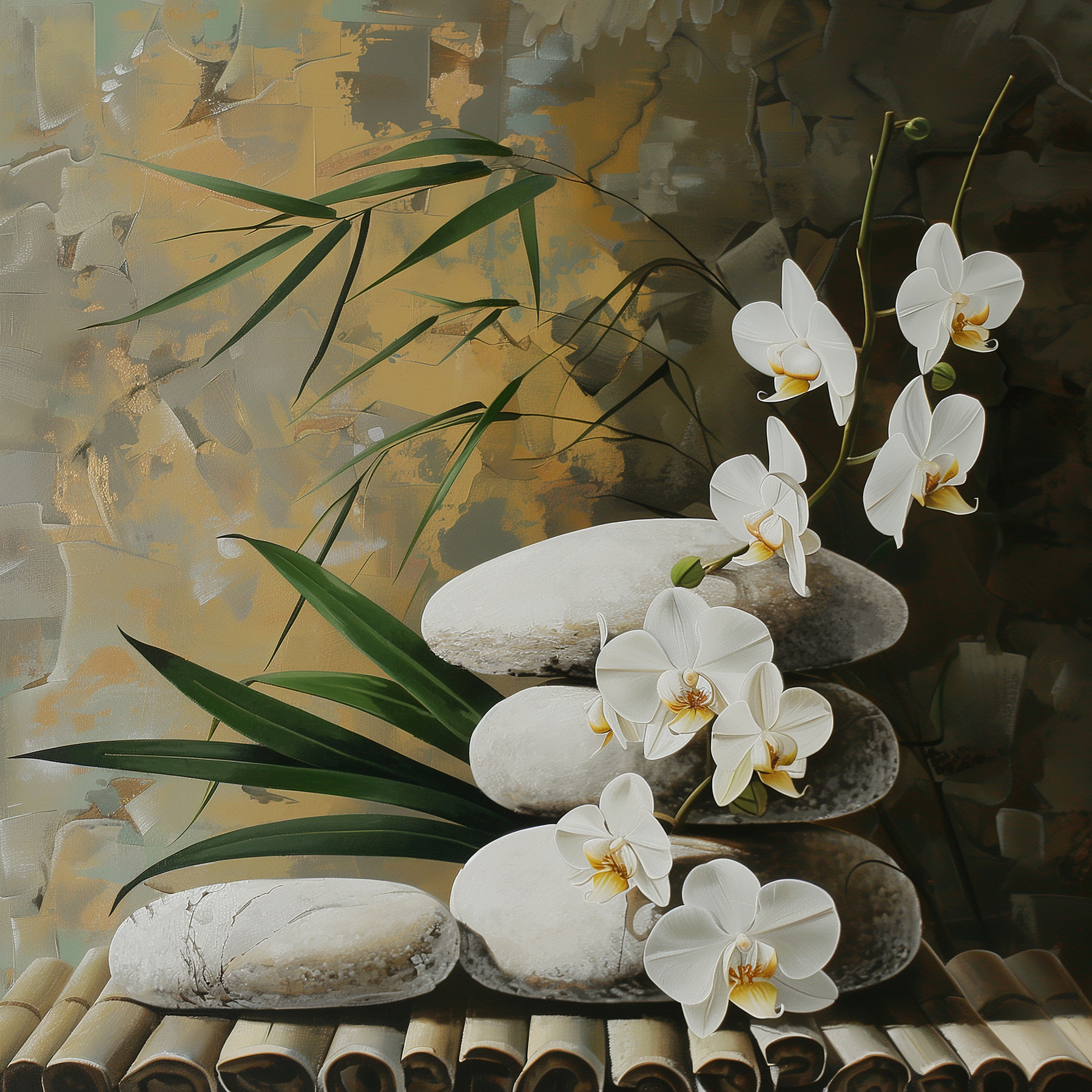 Painting of white flowers and green leaves on a bamboo surface Painting of white flowers and green leaves on a bamboo surface