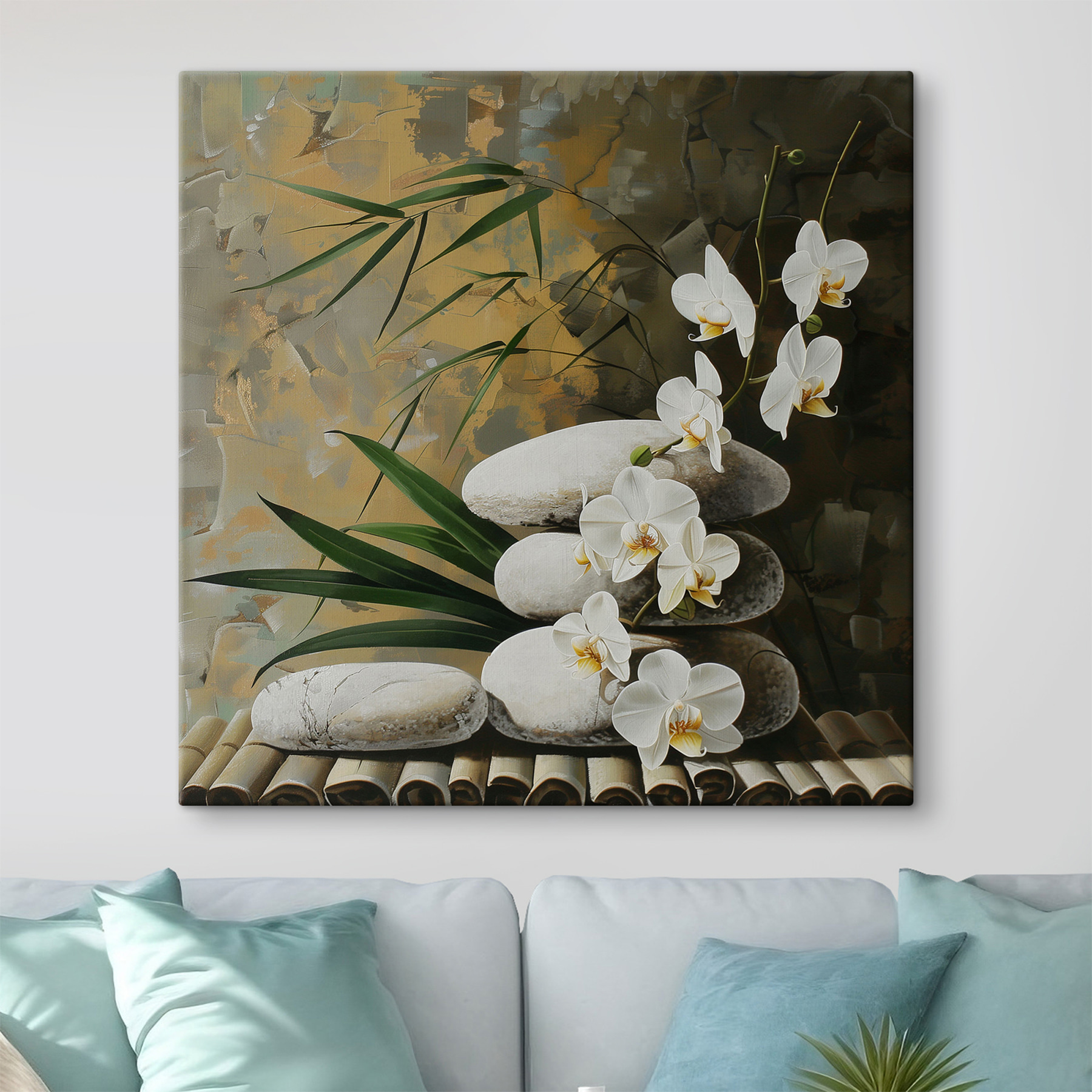 Painting of white flowers and green leaves on a bamboo surface Painting of white flowers and green leaves on a bamboo surface
