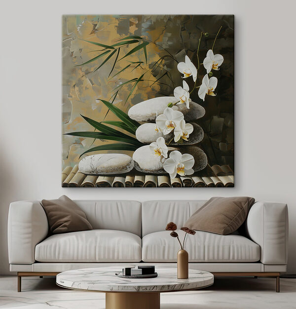Painting of white flowers and green leaves on a bamboo surface Painting of white flowers and green leaves on a bamboo surface