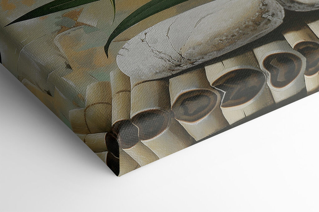 Painting of white flowers and green leaves on a bamboo surface Painting of white flowers and green leaves on a bamboo surface