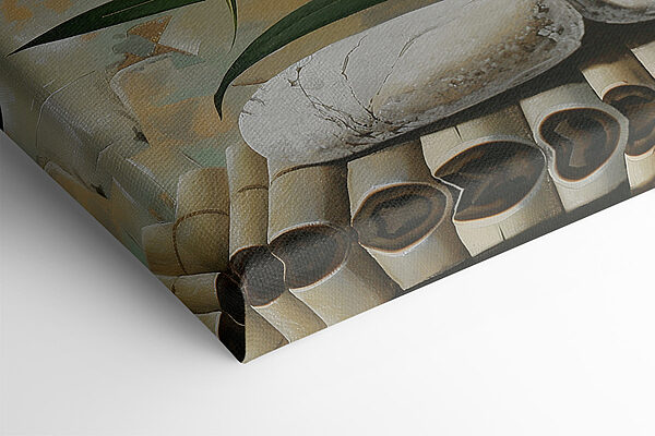 Painting of white flowers and green leaves on a bamboo surface Painting of white flowers and green leaves on a bamboo surface