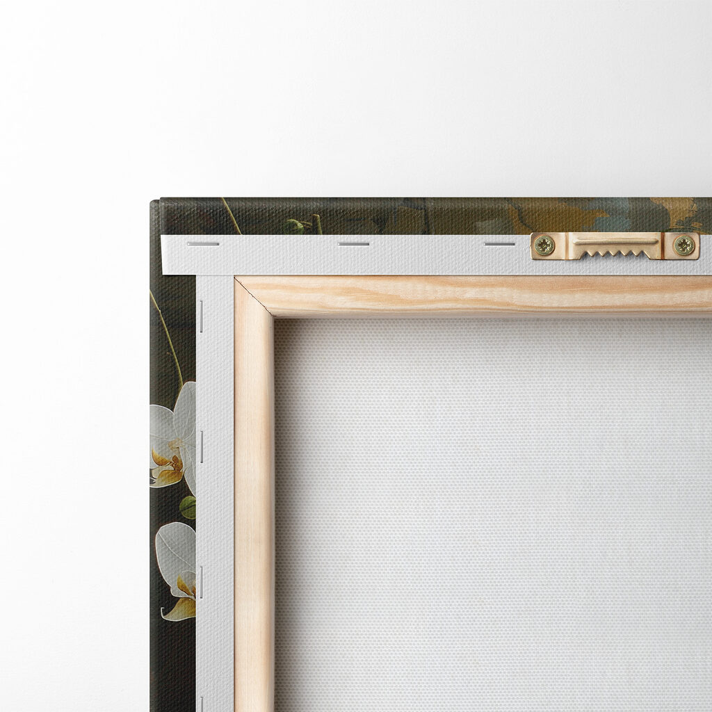Painting of white flowers and green leaves on a bamboo surface Painting of white flowers and green leaves on a bamboo surface