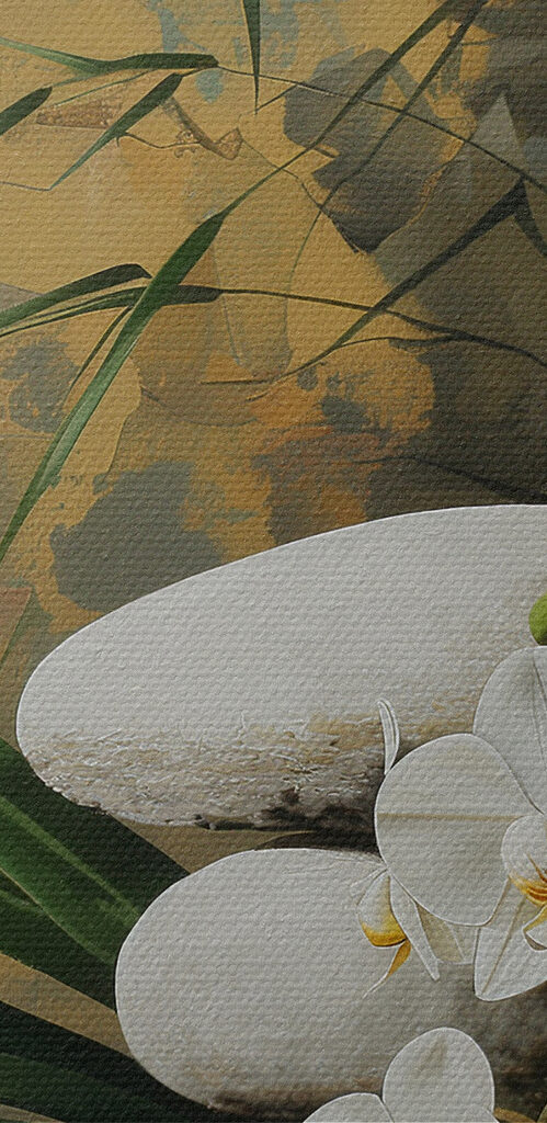 Painting of white flowers and green leaves on a bamboo surface Painting of white flowers and green leaves on a bamboo surface